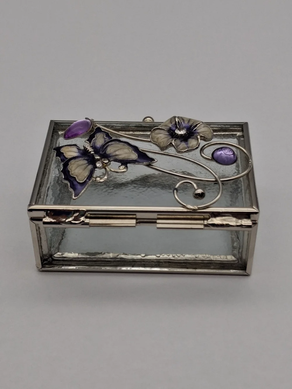 Glass Jewelry Box with Purple Butterfly and Flower Accent